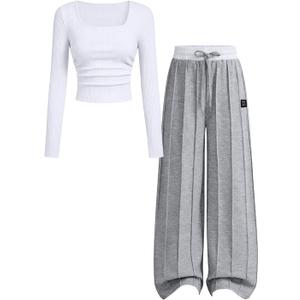 Tween Girl Clothes 2 Piece Ribbed Ruched Top and Wide Leg Pants Set Size 7-14 Years