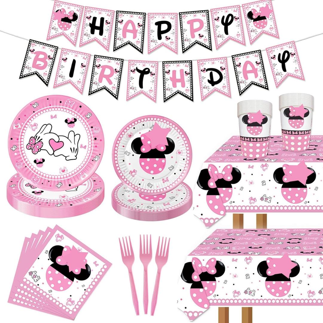 117 Pcs Pink Cartoon Party Dessert Plates Napkins Forks Tablecloth Cups Birthday Banner Tablecovers for Baby Shower Girls 1st 2nd 3rd 4th 5th Birthday Party Decorations Supplies - 20 Guests