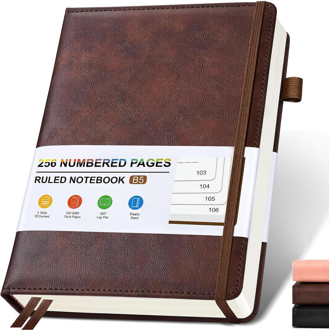 Lined Leather Journal Notebook for Men Women, Hardcover Journals with 256 Numbered Pages, B5 Journaling Notebooks for Writing, 100GSM Thick Ruled Paper for Business Work School 7.6"10", Brown
