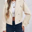 Imily Bela Womens Lapel Trench Coat Double Breasted Cropped Jacket Casual Outwear with Belt (Beige)