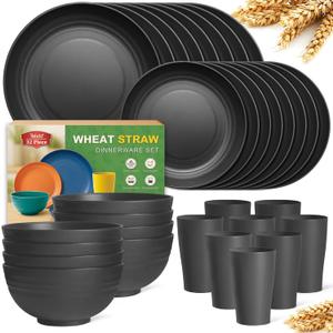 Teivio 32-Piece Kitchen Plastic Wheat Straw Dinnerware Set, Service for 8, Unbreakable Modern Dish Set - Dinner Plate/Dessert Plate/Cereal Bowl/Cup, for Apartment Essentials, Outdoor Camping, Black