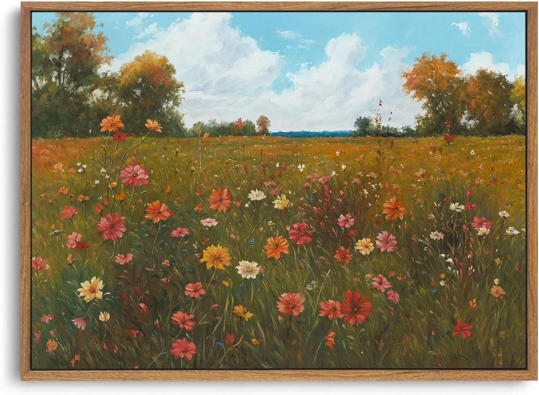 OIQArtOIQ Vintage Landscape Framed Wall Art Fall Countryside Colorful Wildflower Field Canvas Art Prints Farmhouse Cottagecore Pictures Wall Decor Rustic Meadow Paintings Artwork For Kitchen Bedroom (12x16 in)