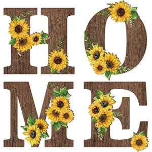 Geetery 4 Pcs Sunflower Home Wooden Wall Decor Rustic Farmhouse Letters, 3.94 inches x 5.12 inches