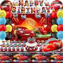 Cars Birthday Decorations, Cars Party Supplies Include Birthday Banner, Foil Balloons, Backdrop, Tablecloth, Cupcake Toppers, Hanging Swirls for Cars Theme Party Decorations