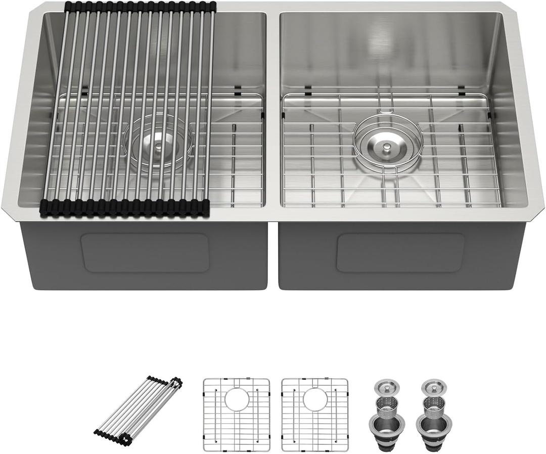 Kichae 33 Inch Undermount Kitchen Sink Double Bowl 50/50 Stainless Steel 18 Gauge Under Counter Kitchen Sink Handmade Basin with Drain Strainer (33"  19" - 55)