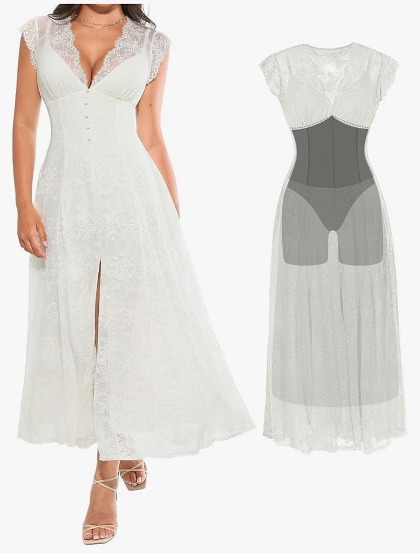 Popilush Evening Dresses Lace Formal Mother of Bride Maxi Dresses for Women V Neck Shapewear Wedding Dress Split L