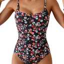B2prity One Piece Swimsuit for Women Tummy Control Retro Bathing Suit Button Up Slimming Swimwear M Black Flower Print