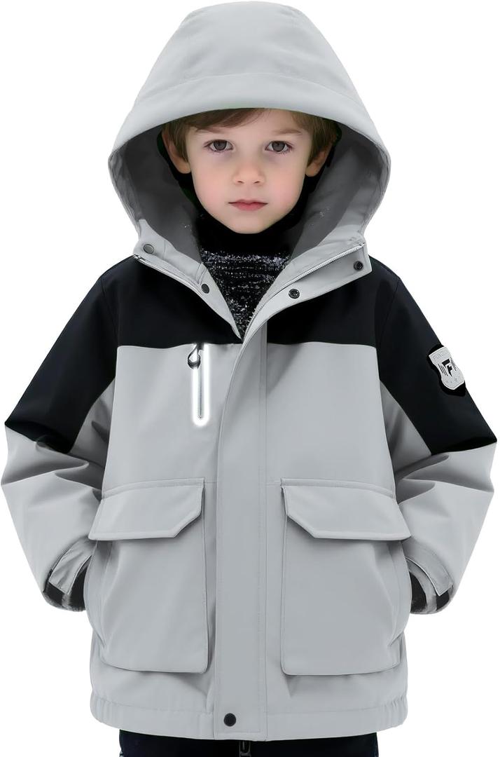 Boys Softshell Jacket with Magic Sleeve Patches Adjustable Hood Cuffs for Skiing Ages 6-16Y (14-16 Years, Eggshell & Black)