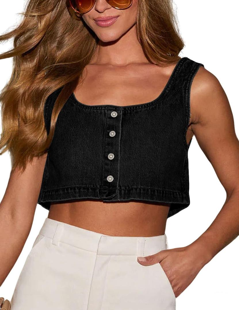 Limerose Women's Reversible Denim Tank Top Button Front Crop Sleeveless Cami (XL)