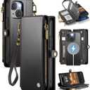 Defencase for iPhone 14 Magnetic Wallet Case Compatible with Magsafe with RFID Blocking Zipper & Card Holder for Women Men, PU Leather Strap Detachable Phone Case for iPhone 14 (6.1 inches), Black