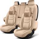TIEHESYT Beige Car Seat Covers Full Set, Breathable Leather Automotive Front and Rear Seat Covers & Headrest, Automotive Seat Cover, Compatible with Most Cars Sedans SUV Pickup Trucks