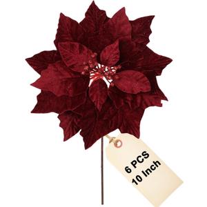 vensovo 10 Inch Red Christmas Poinsettia Flowers for Tree - 6PCS Deep Red Christmas Tree & Wreath Floral Decorations for Holiday DIY, Gift Wrap & Home Decor