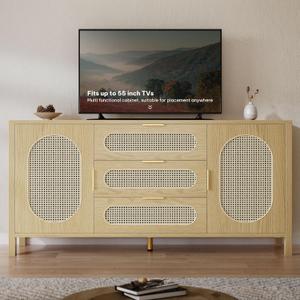 DWVO TV Stand 3 Drawer Dressers Storage Cabinet Natural Rattan Oak Wooden Chest with Golden Handles - Modern Large Closet Boho for Living Room/Hallway/Entryway