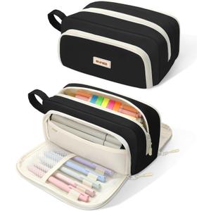 SUNEE Cute Pencil Case, Aesthetic Pen Pouch with 3 Compartments, Kawaii Colored Large Pencil Bag with Zipper, Stationery Storage and Organizer, Black School Supplies for Teen and Adult Girls