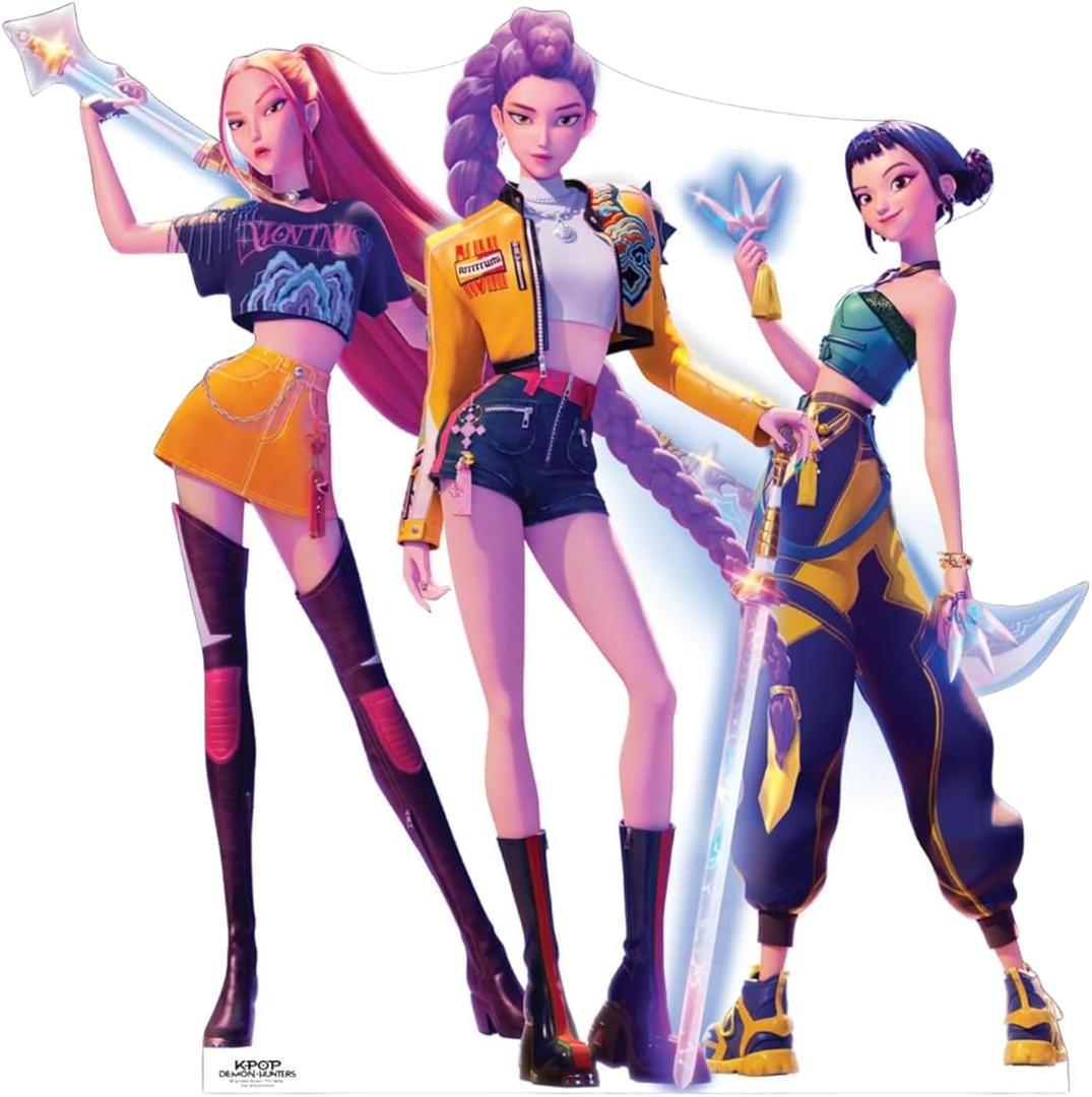 KPop Demon Hunters Huntrix Cardboard Cutout Standee Life Size Character Display for Fans, Parties, or Room Dcor Rumi, Myra, and Zoey Group Cardboard Figure - Officially Licensed, 66 in x 66 in