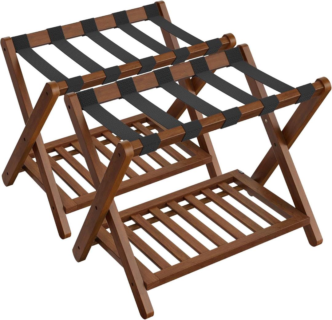 SONGMICS Solid Wood Luggage Rack, No Assembly Required, with Storage Shelf