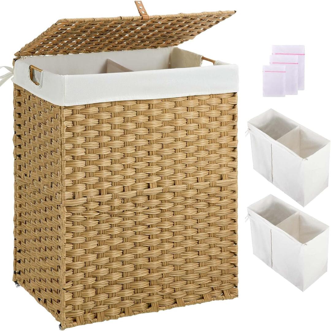 Greenstell Laundry Hamper No Install Needed, Divided Clothes Hamper with 2 Removable Liner Bags, 90L Handwoven Synthetic Rattan Laundry Basket with Lid and Handles, Foldable Natural