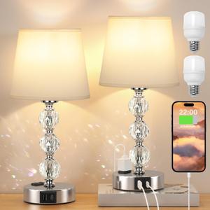 Crystal Table Lamp Set of 2 for Bedroom/Living Room, 14.6in (Beige)