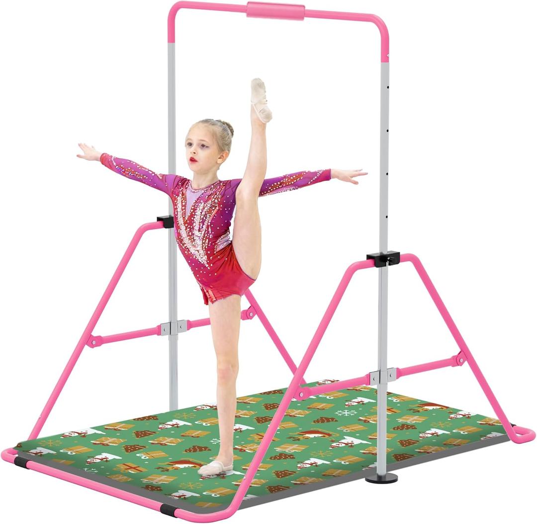 Jivifao Gymnastics Bar with Self-Inflating Mat for Kids, Adjustable Height Gymnastic Horizontal Bars with Mat, Folding Gymnastic Training Monkey Bars, Junior Expandable Training Kip Bar for Home