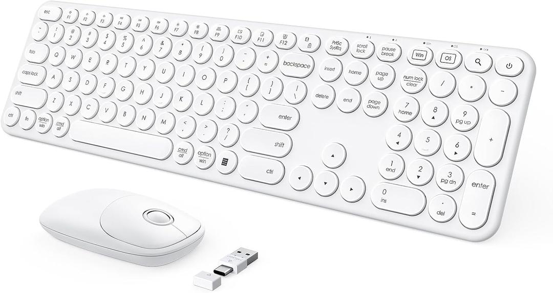 seenda Wireless Keyboard and Mouse, USB & Type C 2-in-1 Receiver, Full Size White Wireless Keyboard Mouse Combo, Compatible for Windows 7/8/10/11, MacBook Pro/Air, Laptop, Desktop, PC - White