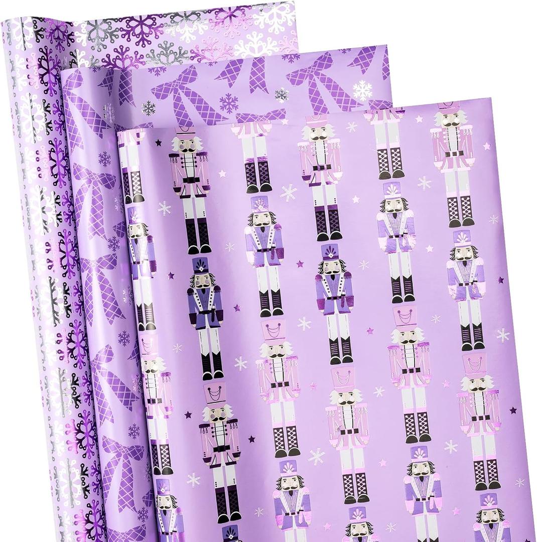 RUSPEPA Purple Christmas Wrapping Paper Set, Mini Roll, Gold Foil Nutcracker Soldier, Snowflake and Bow Design Gift Wrap Paper Perfect for Holiday Gifts, 3 Rolls, 17 inches x 10 feet per Roll (Pink Winter Wonderland)