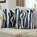 FUTEI Pack of 2 Faux Fur Plush Throw Pillow Covers 24x24 Inch Soft Tie Dye Striped Textured Farmhouse Decorative European Cushion Covers Modern Home Decor for Couch Bed Living Room, Navy Blue White