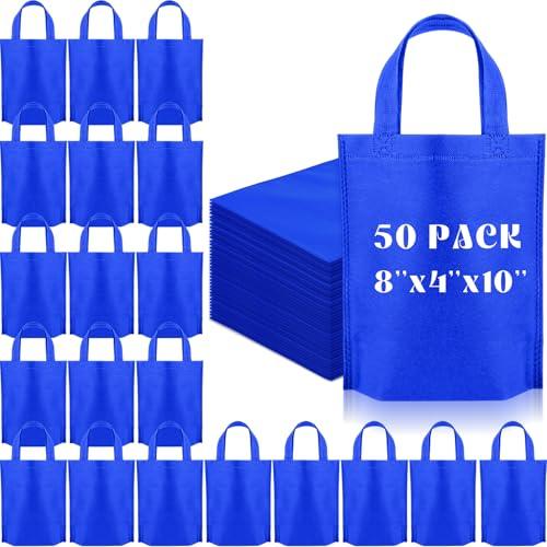 Windyun 50 Pcs Small Non Woven Gift Bags with Handles, 8 x 4 x 10 Inch Reusable Foldable Treat Tote Bag for Party Favor (Blue)