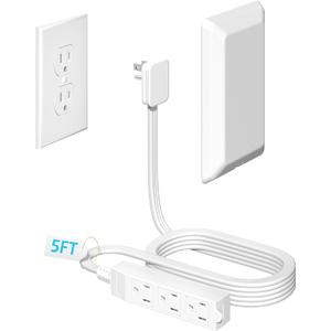 5FT Flat Extension Cord Ultra Thin Outlet Concealer with Cord Concealer Kit,Flat Outlet Extender with 3 Outlet Power Strip,Universal Size Flat Plug Power Strip for Home,ETL Listed,White