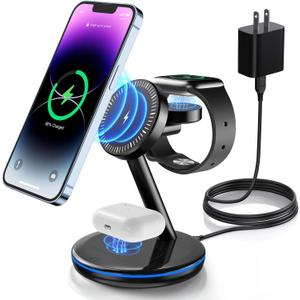 3 in 1 Charging Station for Apple Devices 18W Fast Mag-Safe Charger Stand Magnetic Wireless Charger Station for iPhone 17 16 15 14 13 12 Pro/Pro Max/Plus/Mini AirPods 2/3/Pro iWatch Ultra 2-8 Serials (Black)