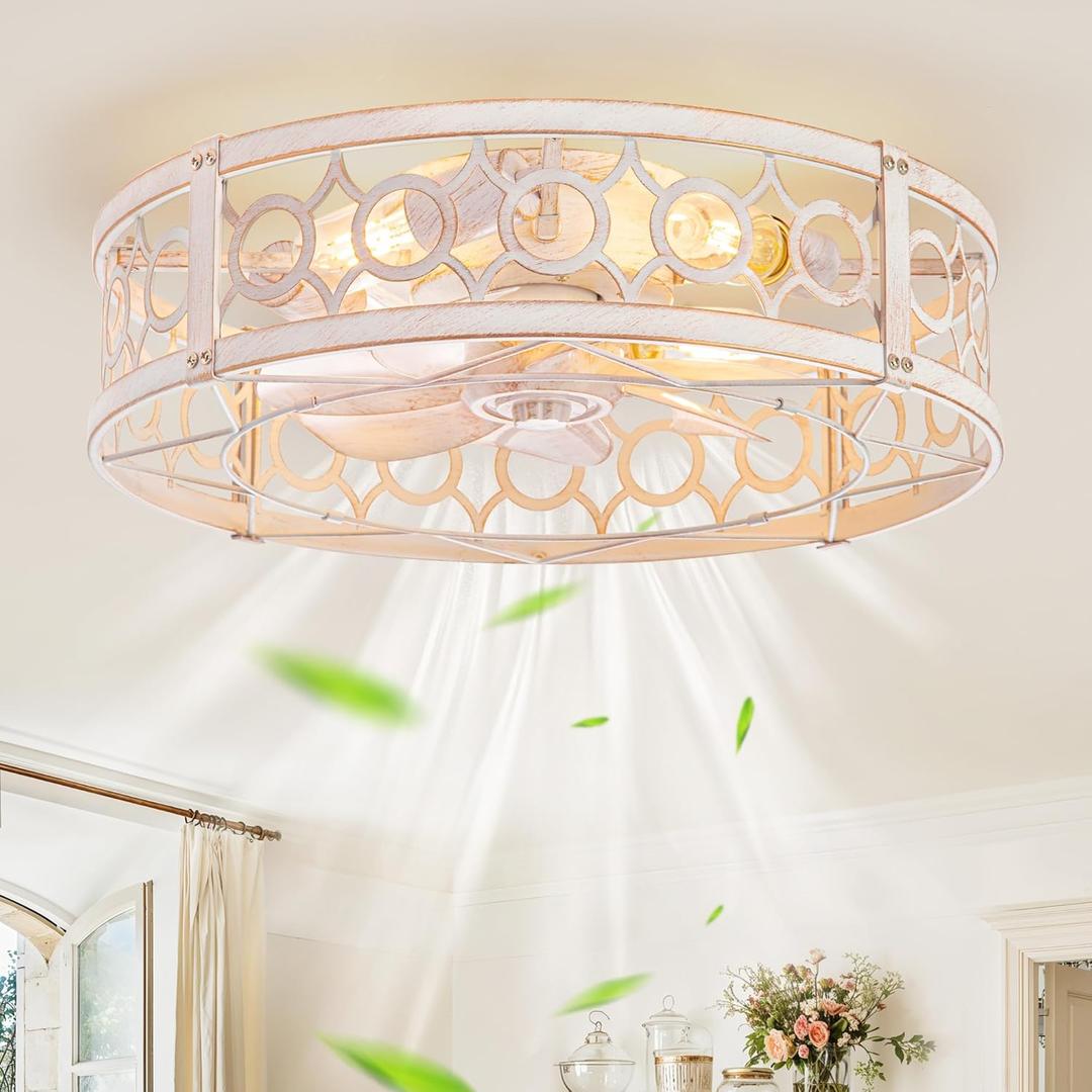 LEDIARY Caged Ceiling Fan with Light and Remote, 20in Small Low Profile Ceiling Fans with Lights, 6 Speed Farmhouse Flush Mount Ceiling Fan for Bedroom, Kitchen, Living Room-White and Gold