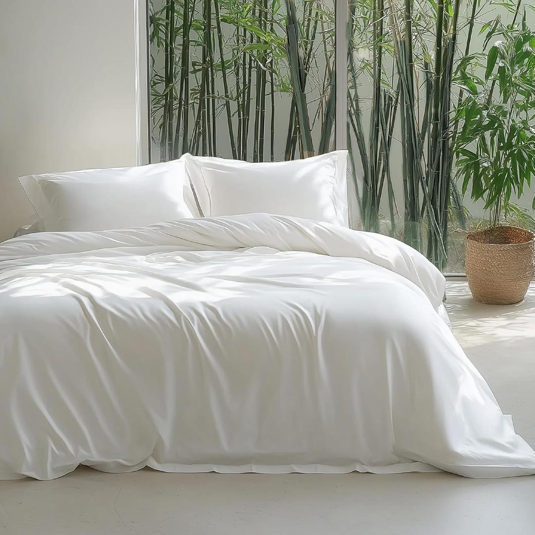Bedsure 100% Rayon Derived from Bamboo Duvet Cover Queen Size - Lightweight Silky Cooling Comforter Cover Set for Hot Sleepers, Breathable & Moisture-Wicking Bedding Set, Pure White (Queen (90" x 90"))