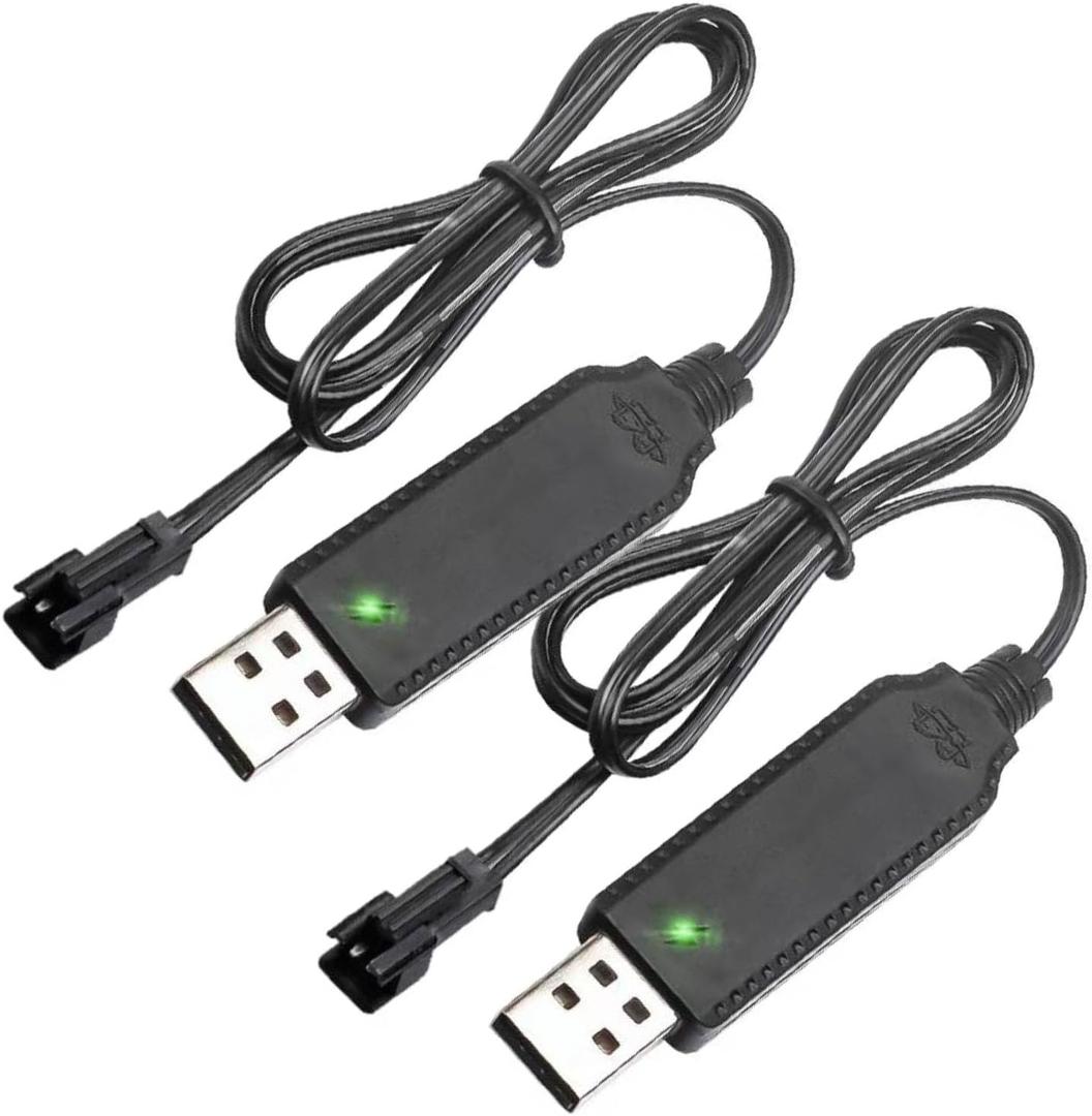 [2-Pack] 3.7V Battery Charger for Bunch O Bubbles, Bubble Bazooka Machine Gun, Mini RC Amphibious Stunt Car Boat Trucks 3.7 Volt Li-ion and Li-Po Battery, SM-2P USB Charger Cable with LED Indicator