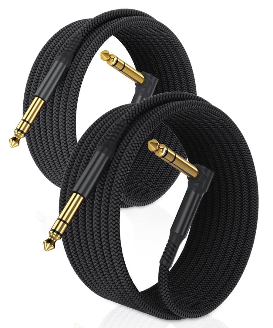 6.35mm TRS Instrument Cable 30FT 2-Pack,Right Angle 90 Degree 1/4 Inch Male Jack Stereo Audio Cord,6.35 Balanced Line Lead for Electric Guitar,Bass,Keyboard,Mixer,Amplifier/AMP,Speaker,Equalizer (Black)