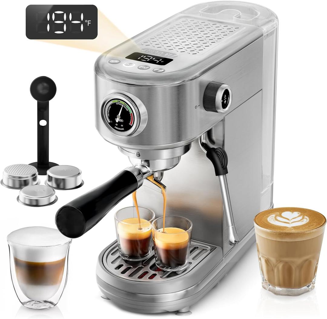 HIBREW Espresso Machine 20 Bar, Semi-Automatic Cappuccino Maker with Milk Frother for Latte Art, Adjustable Temperature & Water Volume, with Display, Pressure Gauge & Stainless Steel Body (Silver)