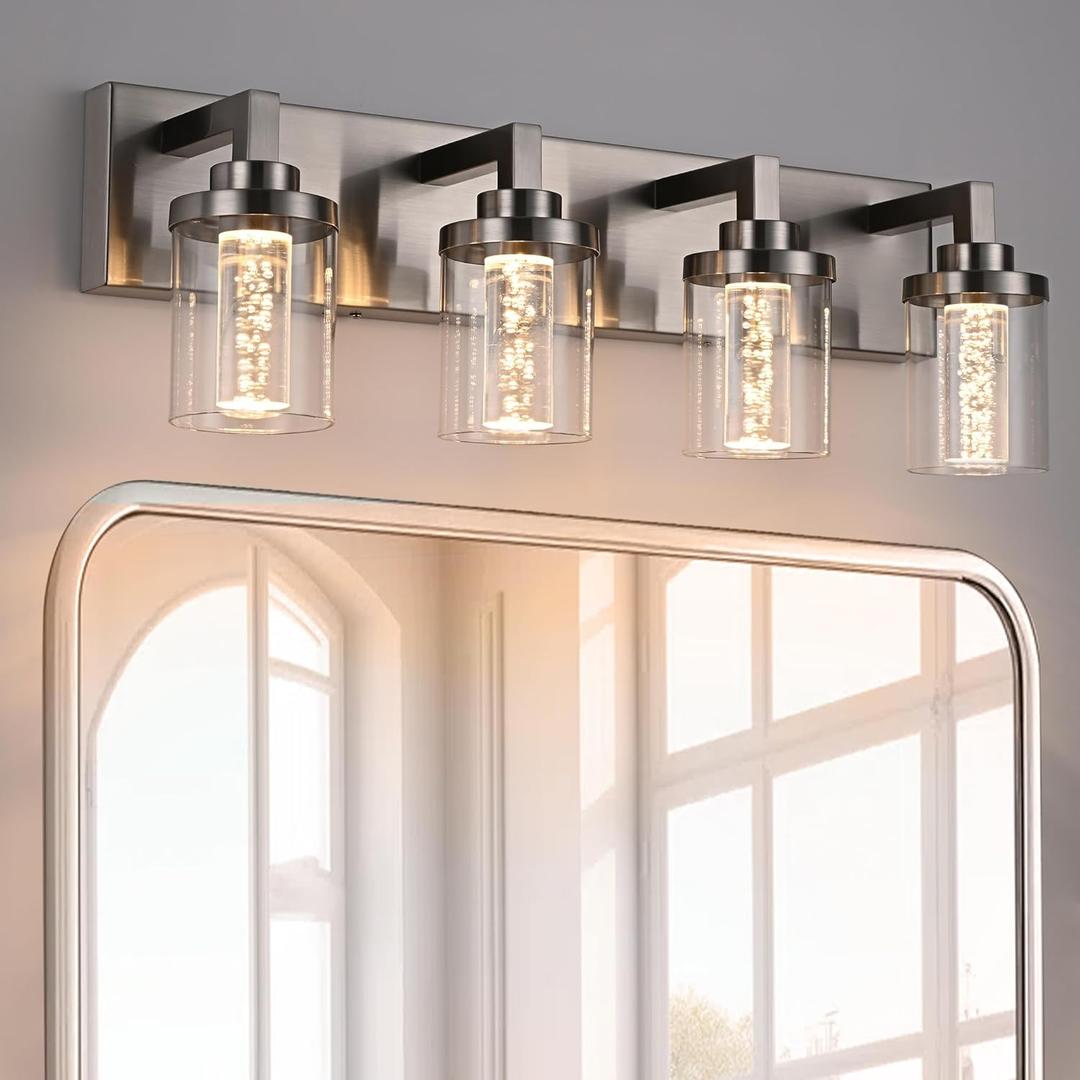 MELUCEE 4-Light Bathroom Lighting Fixtures Brushed Nickel, Dimmable LED Vanity Light for Bathroom 5CCT Bubble Crystal Bath Wall Lights with Clear Glass Shade, Built-in Led Chips Brushed Nickel, 4 Lights