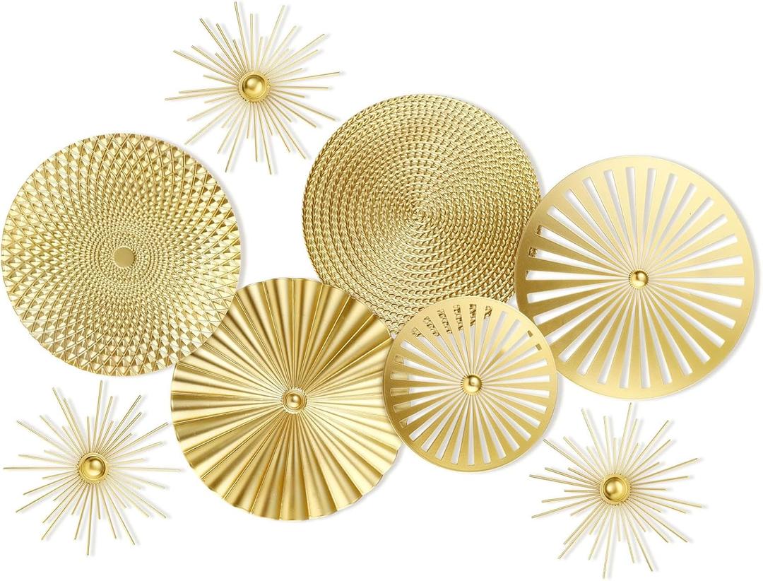Lingvee 8 Pcs Gold Wall Decor Modern Metal Decor Metal Starbursts Radial Plate Art Hanging Decorative Wall Decorations for Home Bedroom Bathroom Living Room Office Sculpture(Gold)