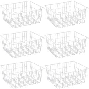Redrubbit Wire Storage Baskets, Large Farmhouse Metal Freezer Basket Storage Organizer Bins with Handles for Kitchen Cabinets, Pantry, Closets, Bedrooms, Bathrooms, Set of 6, White
