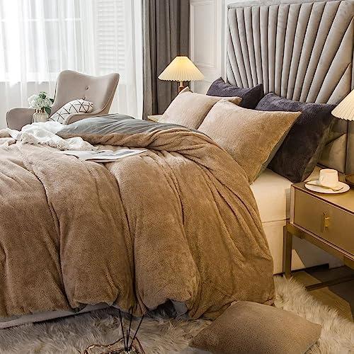 JSZS Velvet Plush Shaggy Duvet Cover Set,Luxury Ultra Soft Fluffy Duvet Cover Set,Winter Fuzzy Duvet Cover Set, (1 Faux Fur Duvet Cover +2 Faux Fur Pillow,Full/Queen,Khaki)
