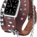 VIQIV Leather Band Compatible with Apple Watch SE/Ultra (38mm, 40mm, 41mm, 42mm, 44mm, 45mm, 49mm) for Women Men, Genuine Leather Goth Western Punk Style Watch Band Straps