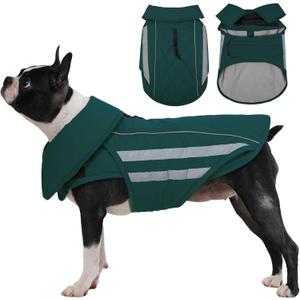 IECOii Dog Coat for Deep Chest Breeds- Reflective & Adjustable Jacket, Windproof Warm Vest for Light Rain, Snow, Waterproof Winter Coats for French Bulldogs, Boston Terrier, Green, Size Medium (Chest:16.5-20.5 in)