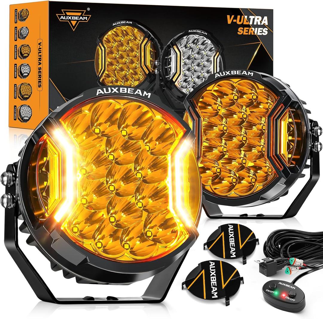 Auxbeam V-Ultra Series 7" 226W Side Shooter LED Offroad Lights, Amber DRL 3 Modes Light Bar, 270 Coverage Round LED Pods Spotlights, 26800LM Yellow Fog Lights with Protective Covers, Pair