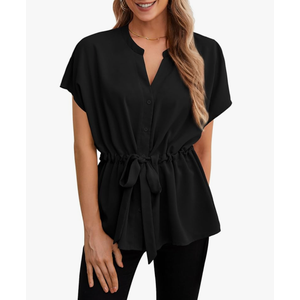 Women's Button Down Blouses Casual Peplum Summer Tops Short Sleeve Work Chiffon Shirts.L