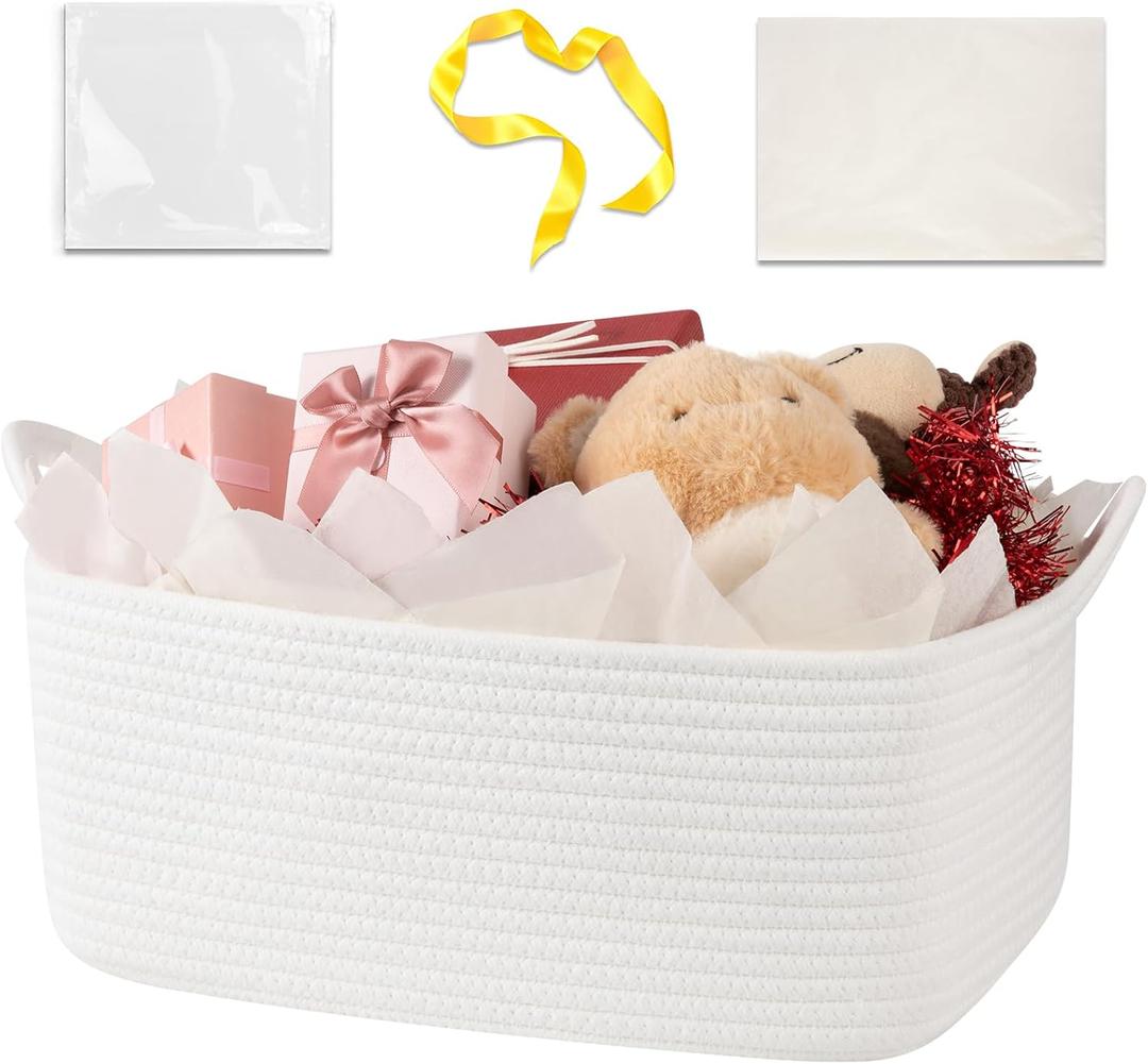 OIASKET Basket for Gifts Empty, Woven Storage Basket with Gift Bag, Ribbon and Wrap Tissue Paper, Small Rope Toy Storage with Handles for Baby Shower, Dog Toy Organizer, 15.5" x 11.4" x 6.7"