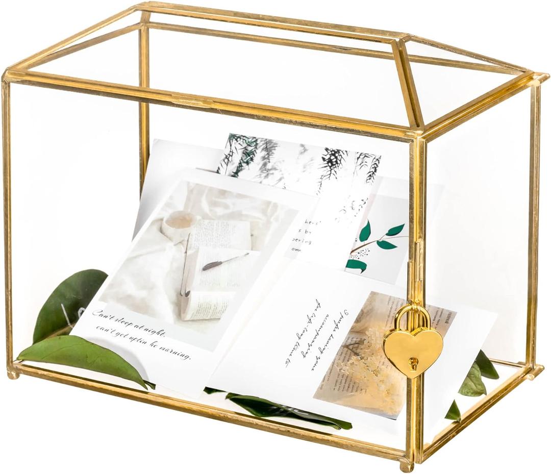 NCYP Small 10.2" x 5.9" x 7.9" Glass Cards Box with Slot and Lock for Wedding Reception - Home Birthdays Party Geometric Decorative, Gold - Slot Length 6.3 Inches (Glass Box Only)
