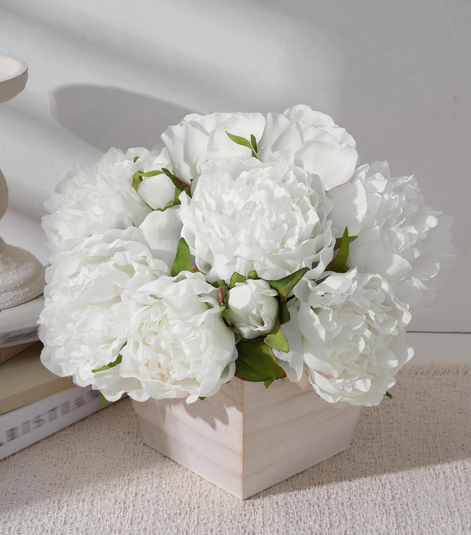 12Pcs Artificial Peonies with Wooden Vase, White Silk Flower Centerpieces for Tables, Fake Floral Arrangements with Planter, Realistic Stems for Living Room Washroom Home Decorations