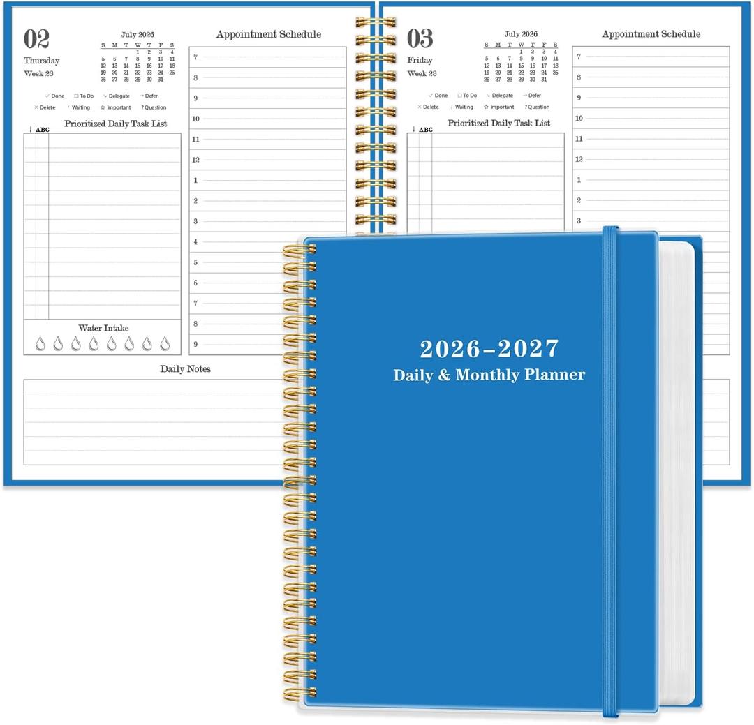 Daily Planner 2026-2027 - Full Page Per Day, July 2026 to June 2026, 2026-2027 Daily Planner with Spiral Bound, Inner Pocket, Perfect for School Office Supplies, 7'' x 10'', Blue