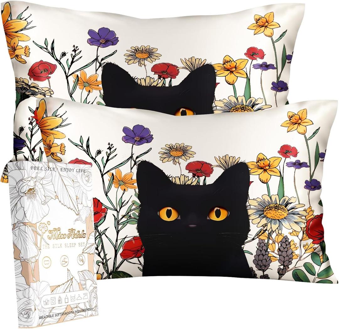 2 Pack Silk Pillowcase - Standard Size 20 x 26 Inch Silky Pillow Case for Hair and Skin Soft Cute Aesthetic Bed Sleeping Pillow Cover with Zipper for Women, Cat in Grass