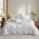 Striped Duvet Cover Set King Size 3 Pcs Breathable Durable 100% Washed Cotton Comforter Cover for All Seasons Chic Linen Like Textured Bedding Set (White Light Blue Pinstripes, King)