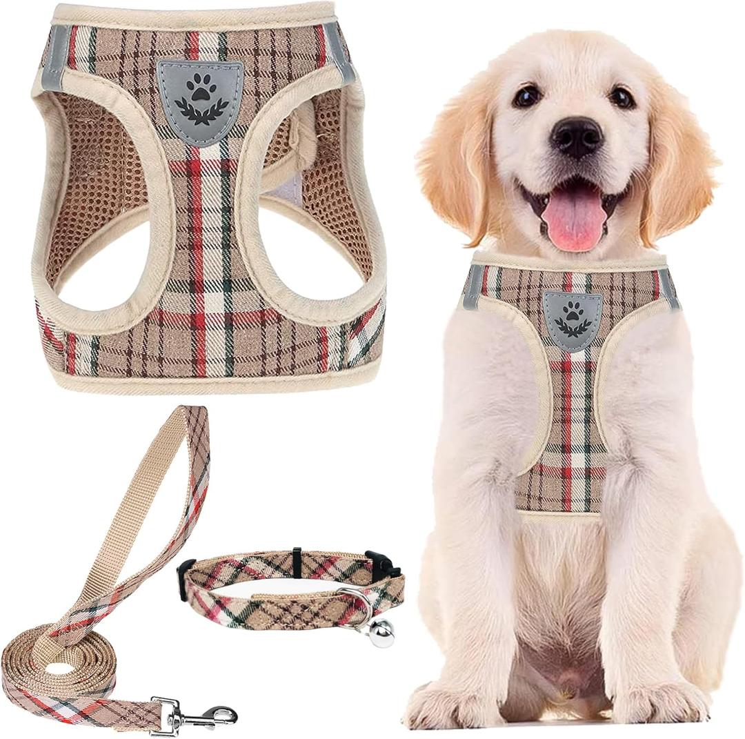 PUPTECK Adjustable Dog Harness Collar and Leash Set Step in No Pull Pet Harness for Small Medium Dogs Puppy and Cats Outdoor Walking Running, Soft Mesh Padded Reflective Vest Harnesses, Khaki M (M (CHEST 16"-18"))