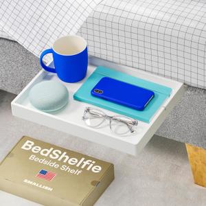 BedShelfie Bedside Shelf for Dorm Room Bunk Bed & Top Bunk, College Dorm Room Essentials, Bedside Caddy, Clip-on Floating Desk Tray, Bedside Table Storage, Loft Nightstand Decor- White Wood Slide